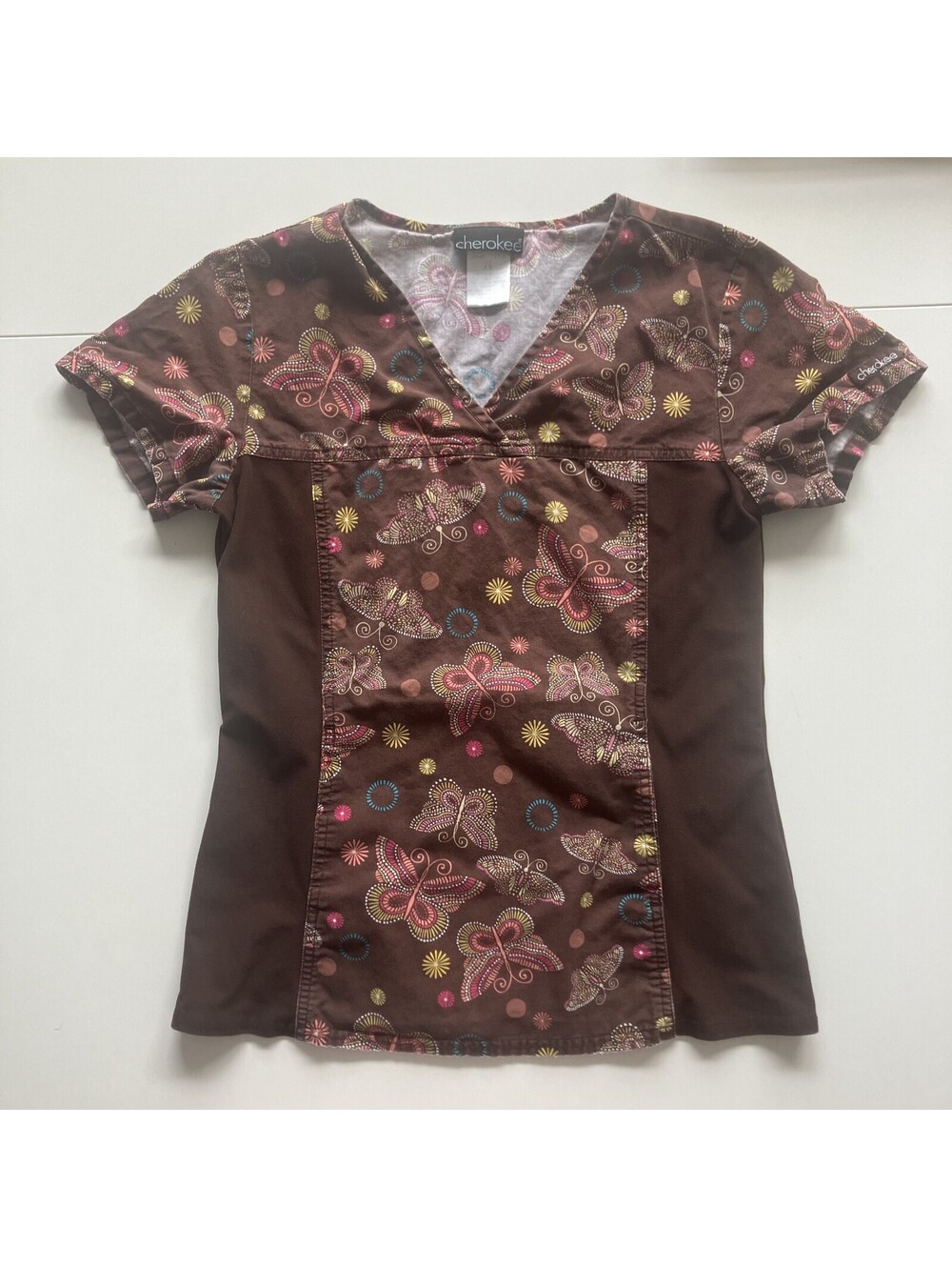 Cherokee Brown Butterfly Print V Neck Scrub Top Sz XS Y2K Kitschy Nursecore